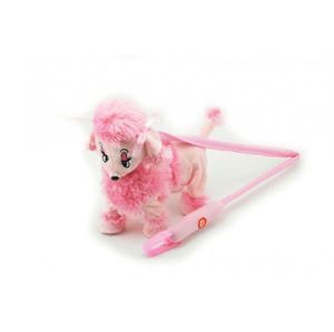 Pudl Pes/pejsek na tyčce růžový chodící a hrající plyš na baterie 30cm