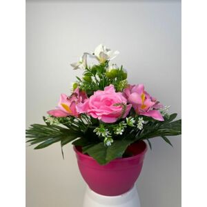 Dekorativní miska s umělou růží a orchidejí, světle růžová
